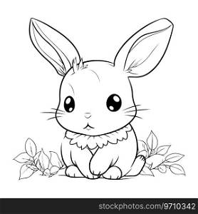 Cute cartoon bunny sitting on the grass. Vector illustration for coloring book.
