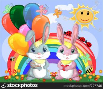 Cute cartoon bunny with an armful of balls and a bunny girlfriend in a meadow near the rainbow. Spring, love, postcard. Cute cartoon bunny with an armful of balls and a bunny girlfriend in a meadow near the rainbow. Spring, postcard