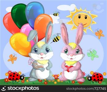 Cute cartoon bunny with an armful of balls and a bunny girlfriend in a meadow near the rainbow. Spring, love, postcard. Cute cartoon bunny with an armful of balls and a bunny girlfriend in a meadow near the rainbow. Spring, postcard
