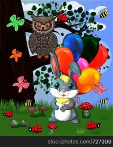 Cute cartoon bunny with an armful of balls in a forest glade. Spring, love, postcard. Cute cartoon bunny with an armful of balls in a forest glade. love, postcard