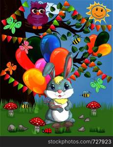 Cute cartoon bunny with an armful of balls in a forest glade. Spring, love, postcard. Cute cartoon bunny with an armful of balls in a forest glade. love, postcard