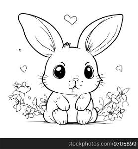 Cute cartoon bunny with flowers. Vector illustration for coloring book.
