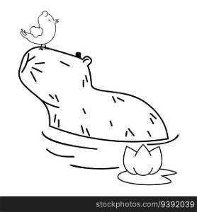 Cute cartoon capybara with little bird in line art style illustration.