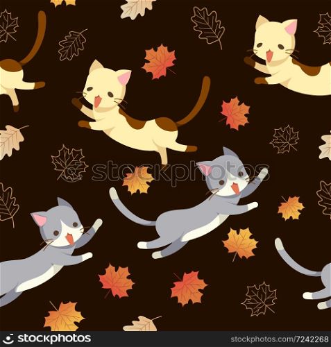 Cute cartoon cat and autumn leaves, Seamless pattern and dark brown background, Cute kitten playing leaves - vector.