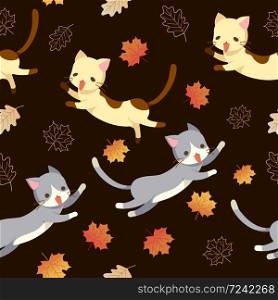 Cute cartoon cat and autumn leaves, Seamless pattern and dark brown background, Cute kitten playing leaves - vector.