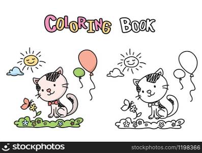 Cute cartoon cat and flower with butterfly,coloring book with kitten,isolated on white background,vector illustration