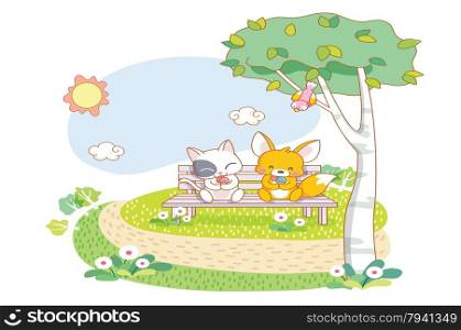 cute cartoon cat and squirrel are sitting in the garden