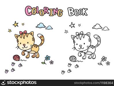 Cute cartoon cat,coloring book with kitten,isolated on white background,vector illustration