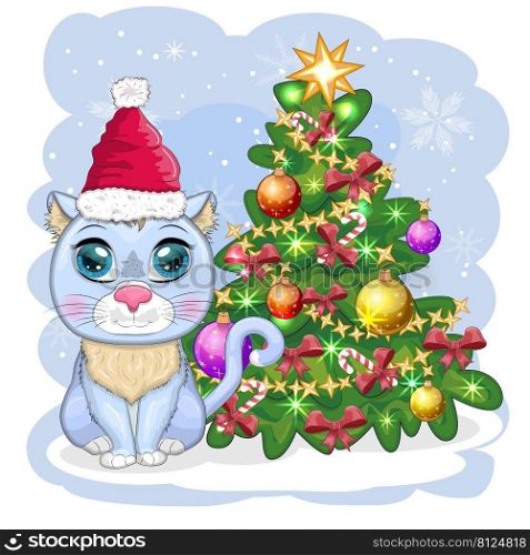 Cute cartoon cat in Santa’s hat near the decorated Christmas tree. Winter 2023, Christmas and Chinese New Year.. Cute cartoon cat in Santa’s hat near the decorated Christmas tree. Winter 2023, Christmas and Chinese New