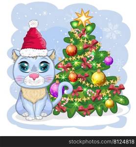 Cute cartoon cat in Santa’s hat near the decorated Christmas tree. Winter 2023, Christmas and Chinese New Year.. Cute cartoon cat in Santa’s hat near the decorated Christmas tree. Winter 2023, Christmas and Chinese New