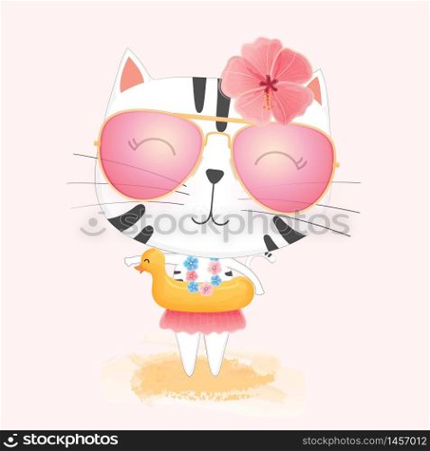 Cute cartoon cat in Yellow rubber duck swimming circle and Sunglasses enjoying summer on the beach.