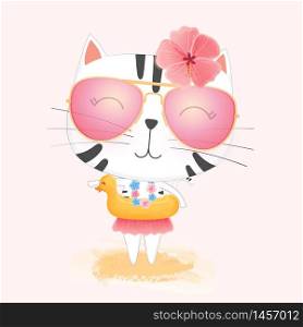 Cute cartoon cat in Yellow rubber duck swimming circle and Sunglasses enjoying summer on the beach.