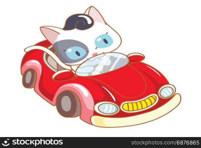 cute cartoon cat riding a red car