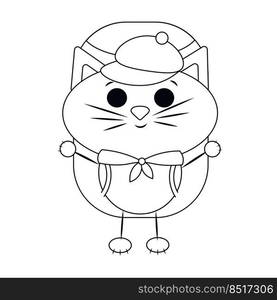 Cute cartoon Cat tourist. Draw illustration in black and white