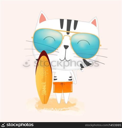 Cute cartoon cat Wearing sunglasses holding a surfboard on the beach.