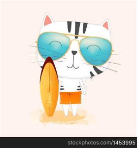 Cute cartoon cat Wearing sunglasses holding a surfboard on the beach.