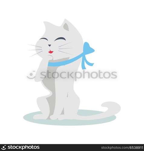 Cute Cartoon Cat with Blue Ribbon. Cute cartoon cat with blue ribbon. The gray cat washes, licks a paw. Cat is washing itself. Cat icon. Pet icon. Isolated vector illustration on white background
