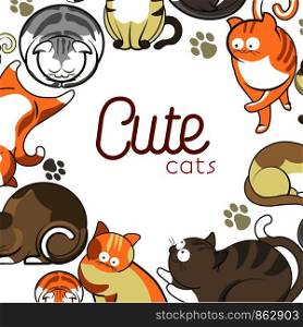 Cute cartoon cats and kittens playing, sleeping or posing poster. Vector flat design of funny cheerful kits and cats play with paw or tail and comic looking cat animals and paw imprints. Cute cats and kittens pets playing or posing vector flat animals poster