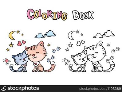 Cute cartoon cats- mother and dauther,coloring book with cat and kitten,isolated on white background,vector illustration