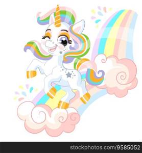 Cute cartoon character baby unicorn on a rainbow. Vector illustration isolated on white background. Happy magic unicorn. For print, design, poster, sticker, card, decoration,t shirt,kids clothes. Cute cartoon character baby unicorn on a rainbow vector