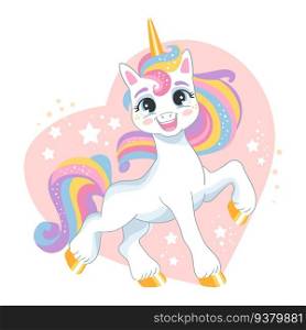 Cute cartoon character close up unicorn with a rainbow mane on a heart background. Vector isolated illustration. For print, design, poster, sticker, card, decoration, t shirt. Cute cartoon character lovely unicorn with a heart