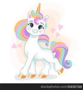 Cute cartoon character close up unicorn with a rainbow mane on a white background. Vector isolated illustration. For print, design, poster, sticker, card, decoration, t shirt