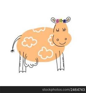 Cute cartoon character cow. Print for baby shower party. Vector print. Hand drawn, doodles.. Cute cartoon character cow. Print for baby shower party. Vector print with baby cow. Hand drawn, doodles.