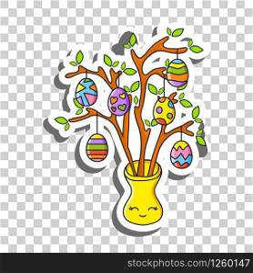 Cute cartoon character. Easter egg tree. Sticker with contour. Colorful vector illustration. Isolated on transparent background. Design element