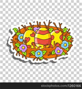 Cute cartoon character. Easter nest. Sticker with contour. Colorful vector illustration. Isolated on transparent background. Design element