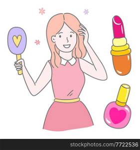 Cute cartoon character girl. Isolated at white portrait of smiling young girl. Cute pretty girl wearing dress holding mirror or hairbrush. Simple avatar of young female. Pink lipstick and nail varnish. Cute young smiling girl with cosmetic products, lipstick and nail varnish icons, holding brush