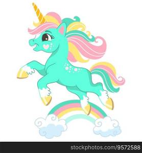 Cute cartoon character happy green unicorn with rainbow. Vector illustration isolated on a white background. Happy magic unicorn. For print, design, poster, sticker, card, t shirt, kids clothes. Cute cartoon character happy green unicorn vector illustration