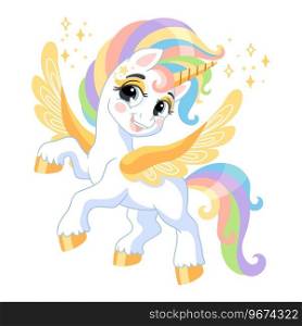Cute cartoon character happy magic unicorn with golden wings and rainbow mane. Vector illustration isolated on a white background. For print, design, poster, sticker, card, decoration, kids clothes. Cute cartoon character golden wingled unicorn isolated vector