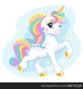 Cute cartoon character happy magic unicorn with rainbow mane and tail. Vector illustration isolated on a white background. For print, design, poster, sticker, card, decoration, kids clothes. Cute cartoon happy character unicorn vector illustration