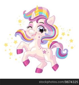 Cute cartoon character happy purple unicorn baby. Vector illustration isolated on a white background. Magic unicorn. For print, design, poster, sticker, card, decoration, kids clothes. Cute cartoon happy character purple unicorn vector