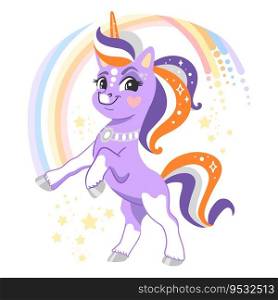 Cute cartoon character happy purple unicorn with a rainbow. Vector illustration isolated on a white background. Happy magic unicorn. For print, design, poster, sticker, card, decoration,t shirt. Cute cartoon character happy unicorn vector illustration 16