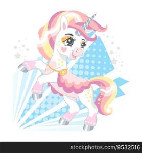 Cute cartoon character happy romantic unicorn with rainbow mane. Vector illustration isolated on a white background. Happy magic unicorn. For print, design, poster, sticker, card, decoration,t shirt. Cute cartoon character happy unicorn vector illustration 18
