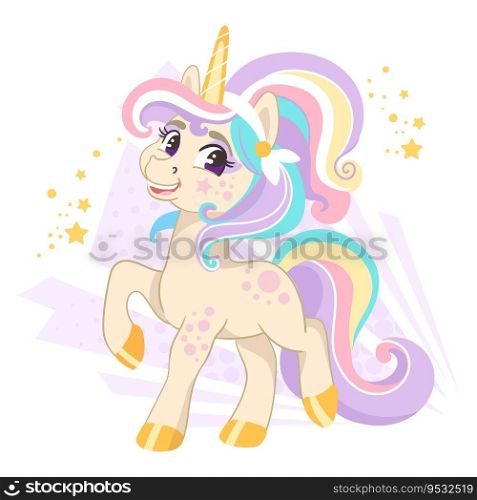 Cute cartoon character happy unicorn with a rainbow mane. Vector illustration isolated on a white background. Happy magic unicorn. For print, design, poster, sticker, card, decoration,t shirt. Cute cartoon character happy unicorn vector illustration 21