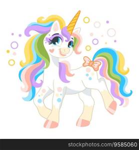 Cute cartoon character happy unicorn with bubbles. Vector illustration isolated on a white background. Happy magic unicorn. For print, design, poster, sticker, card, decoration, t shirt, kids clothes. Cute cartoon character unicorn with bubbles vector illustration
