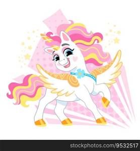 Cute cartoon character happy unicorn with pink and yellow mane. Vector illustration isolated on a white background. Happy magic unicorn. For print, design, poster, sticker, card, decoration,t shirt. Cute cartoon character happy unicorn vector illustration 19
