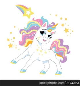 Cute cartoon character happy unicorn with rainbow mane and tail. Vector illustration isolated on a white background. Magic unicorn. For print, design, poster, sticker, card, decoration, kids clothes. Cute cartoon character white unicorn and comet vector