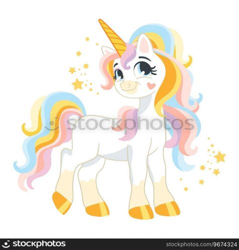 Cute cartoon character happy unicorn with rainbow mane and tail. Vector illustration isolated on a white background. Magic unicorn. For print, design, poster, sticker, card, decoration, kids clothes. Cute cartoon character white unicorn isolated vector