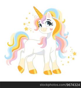 Cute cartoon character happy unicorn with rainbow mane and tail. Vector illustration isolated on a white background. Magic unicorn. For print, design, poster, sticker, card, decoration, kids clothes. Cute cartoon character white unicorn isolated vector