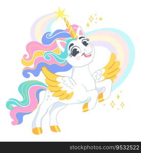 Cute cartoon character happy unicorn with wings and rainbow mane. Vector illustration isolated on a white background. Happy magic unicorn. For print, design, poster, sticker, card, decoration,t shirt. Cute cartoon character happy unicorn vector illustration 24
