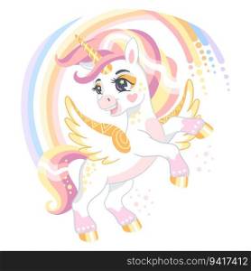 Cute cartoon character magic unicorn with wings and rainbow. Vector illustration isolated on a white background. Happy magic unicorn. For print, design, poster, sticker, card, decoration,t shirt. Cute cartoon character happy unicorn vector illustration 13
