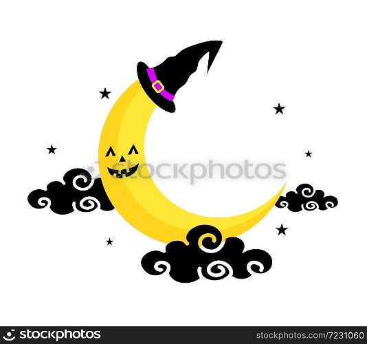 Cute cartoon character moon wearing a witch hat. Happy Halloween concept. Illustration isolated on white background. For poster, banner, greeting card, invitation.