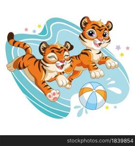 Cute cartoon character playful tiger cubs run with a ball. Vector illustration isolated on a white background. For print, design, advertising, stationery, t-shirt and textiles,decor, sublimation. Cartoon vector playful tiger cubs run with a ball