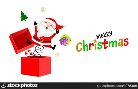 Cute cartoon character santa jumping out of the christmas gift box. Vector illustration.