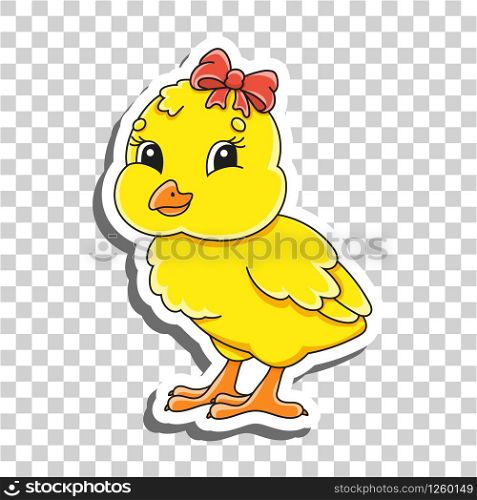 Cute cartoon character. Sticker with contour. Baby chicken. Colorful vector illustration. Isolated on transparent background. Design element