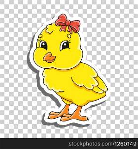 Cute cartoon character. Sticker with contour. Baby chicken. Colorful vector illustration. Isolated on transparent background. Design element