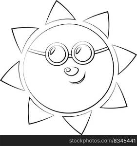 Cute cartoon character Sun in sunglasses. Draw illustration in black and white